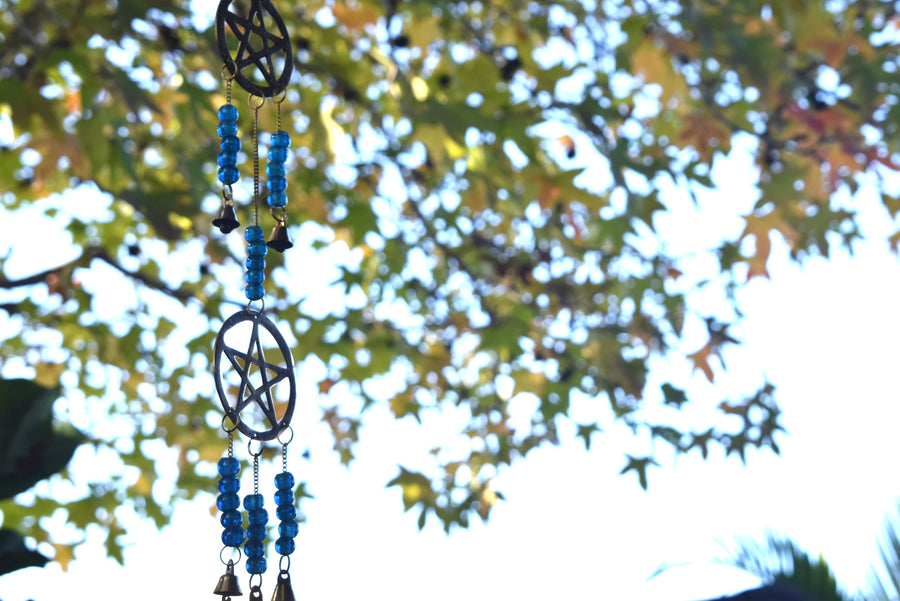 Long Metal Triple Pentacle Wind Chime with Sky Blue Beads and 7 Bells for Protection