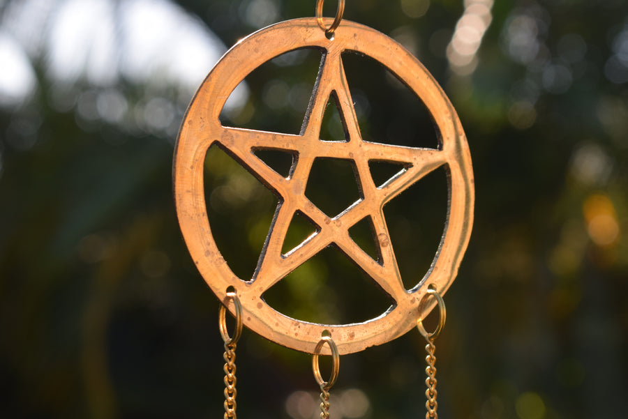 Long 3 Tier Pentacle Wind Chime with Multicoloured Pearlescent Beads and 7 Bells for Protection