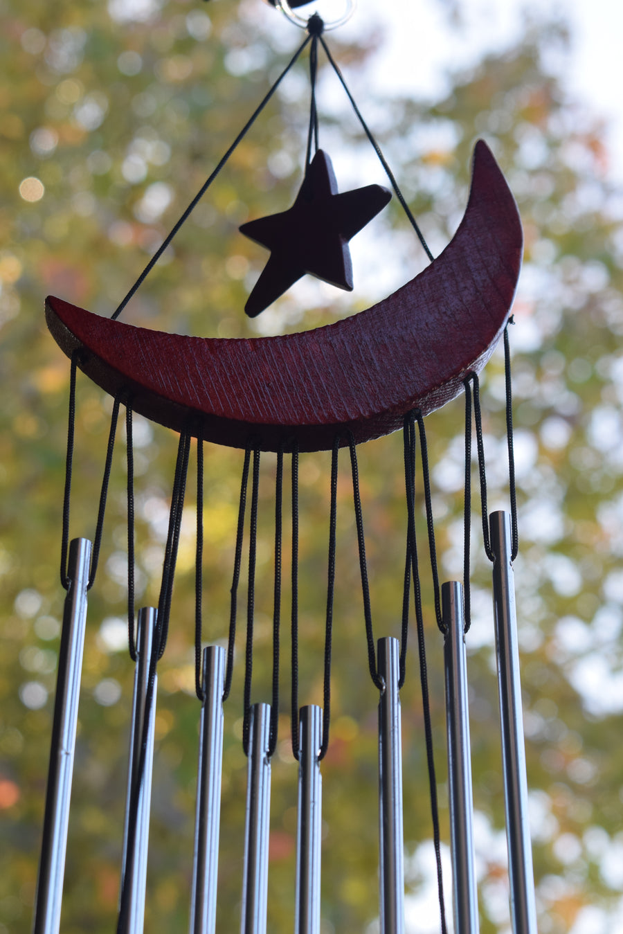 Large Wooden & Metal Crescent Moon and Star Wind Chime with Steel Bells