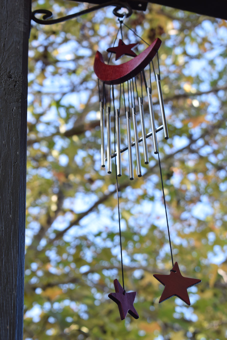 Large Wooden & Metal Crescent Moon and Star Wind Chime with Steel Bells