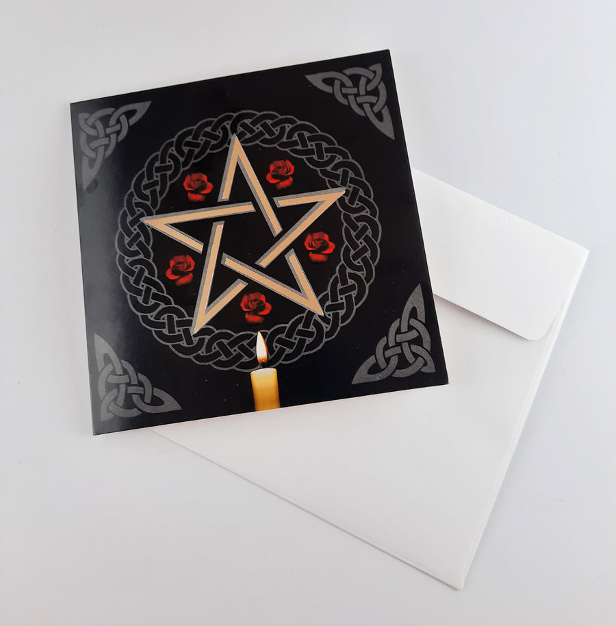 PENTAGRAM Pentacle Candle Red Flower Mandala Blank GREETING CARD & Envelope For Protection