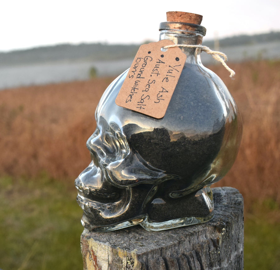 Large Handmade Ritual Black Salt in Glass Skull Jar