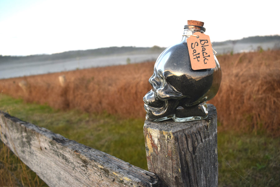 Large Handmade Ritual Black Salt in Glass Skull Jar