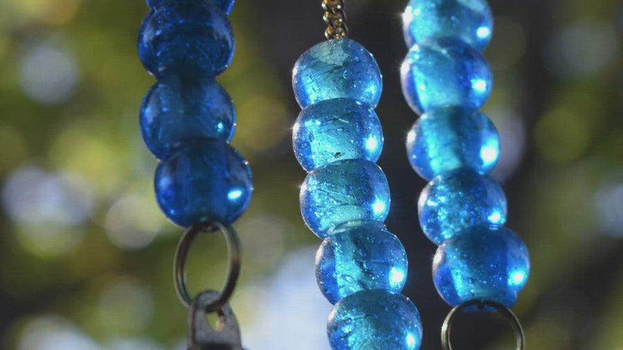 Long Metal Triple Pentacle Wind Chime with Sky Blue Beads and 7 Bells for Protection